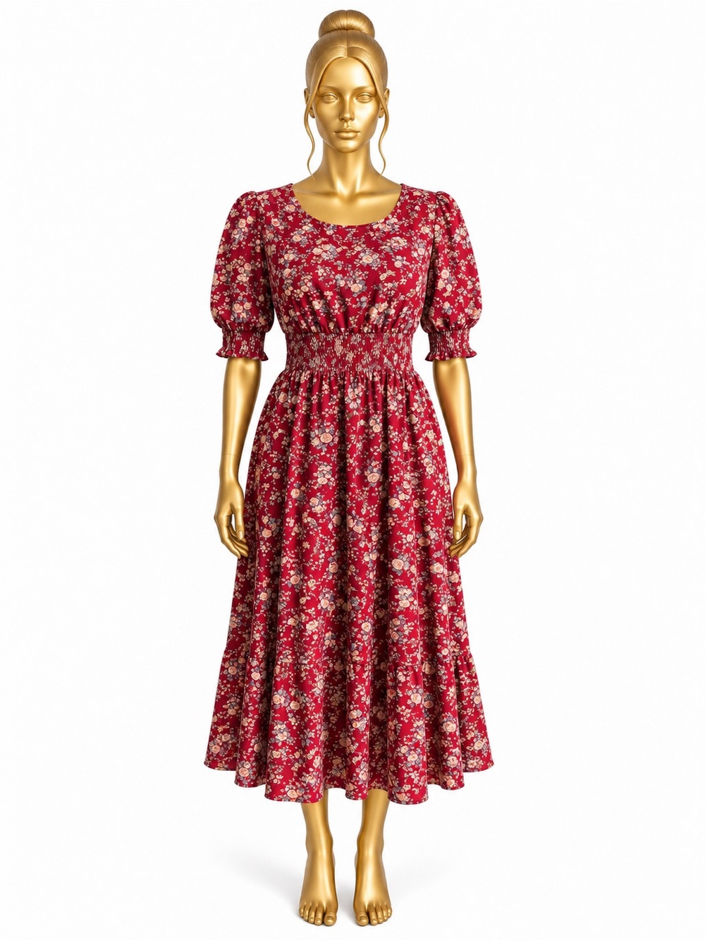 Red Floral Smocked Waist Puff Sleeve Midi Dress Cottagecore